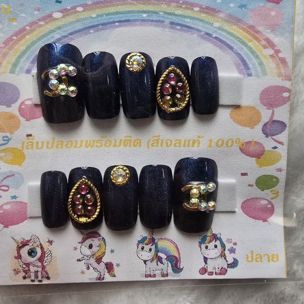 Navy Blue Press-On Nails with Gem Accents